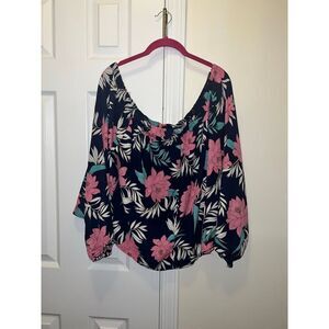 forever 21 Sheer Floral Tropical Long Sleeve Off the Shoulder Blouse 3X